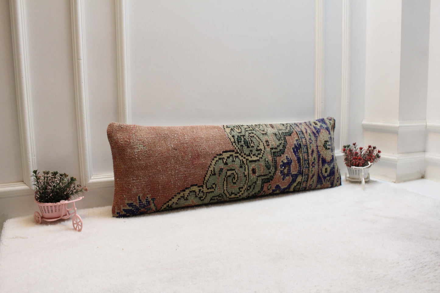 Vintage Turkish Rug Lumbar Pillow Cover: Pink, Green & Navy Floral, 12x36