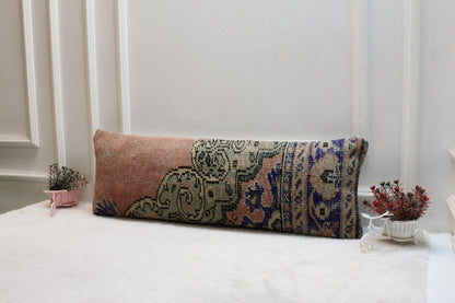 Vintage Turkish Rug Lumbar Pillow Cover: Pink, Green & Navy Floral, 12x36