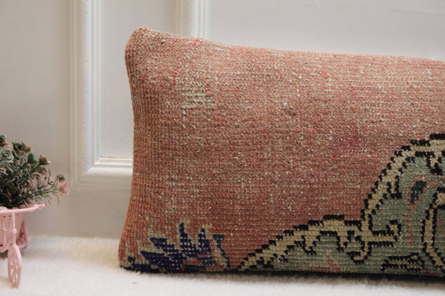 Vintage Turkish Rug Lumbar Pillow Cover: Pink, Green & Navy Floral, 12x36