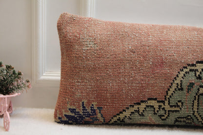Vintage Turkish Rug Lumbar Pillow Cover: Pink, Green & Navy Floral, 12x36
