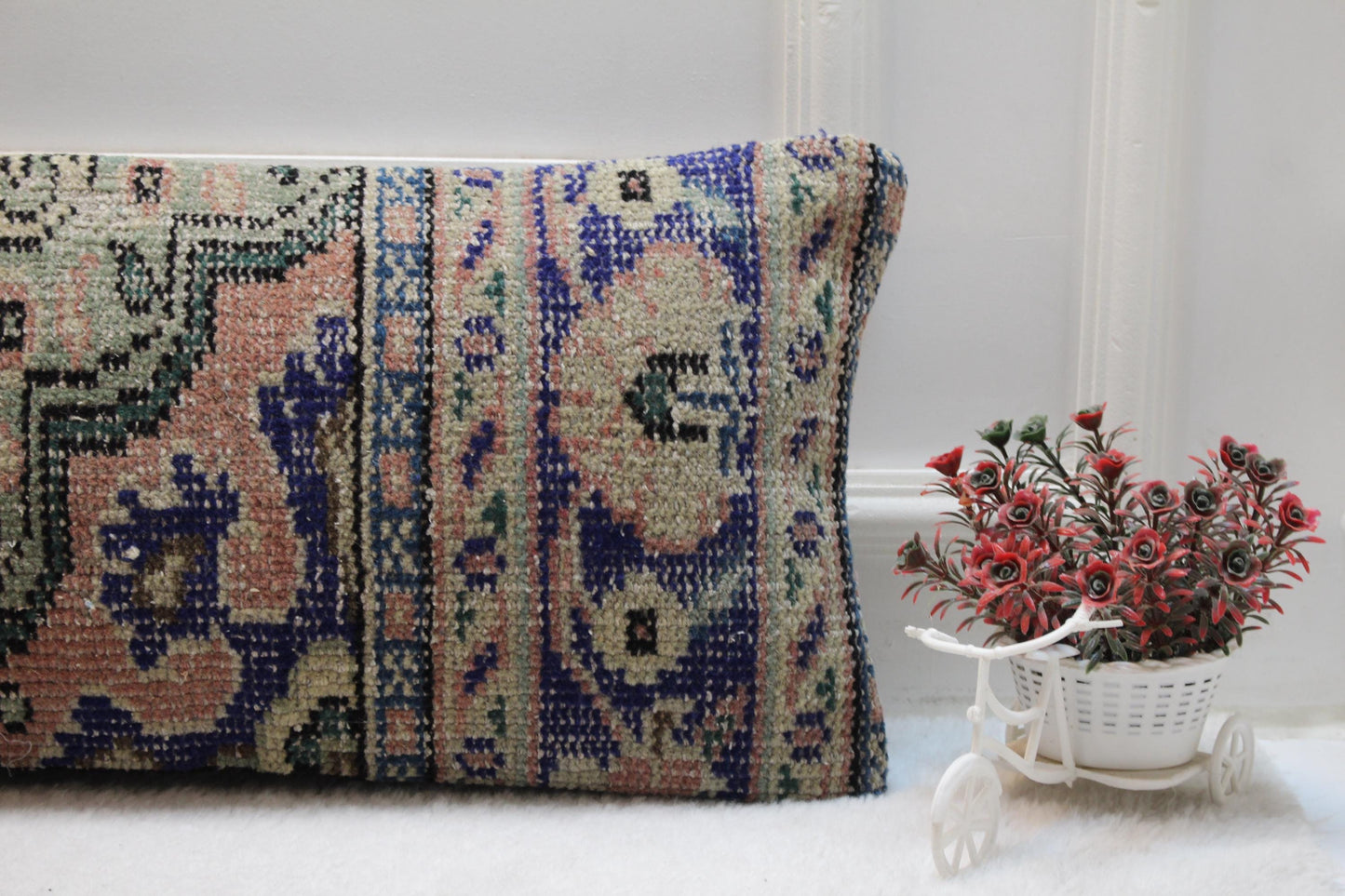 Vintage Turkish Rug Lumbar Pillow Cover: Pink, Green & Navy Floral, 12x36