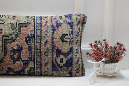 Vintage Turkish Rug Lumbar Pillow Cover: Pink, Green & Navy Floral, 12x36