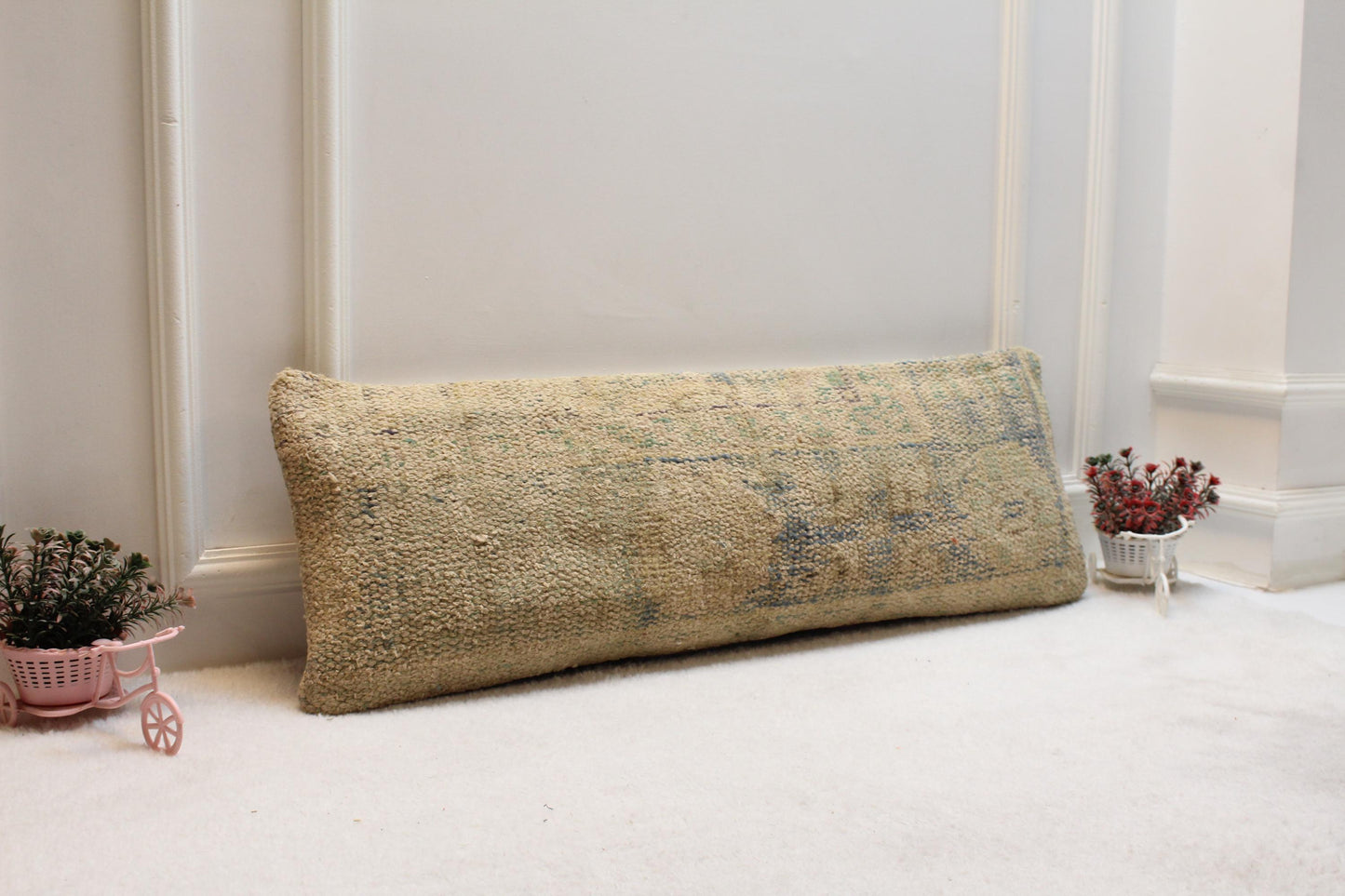 Vintage Turkish Rug Lumbar Pillow Cover (12x36): Beige & Faded Blue Boho Cushion