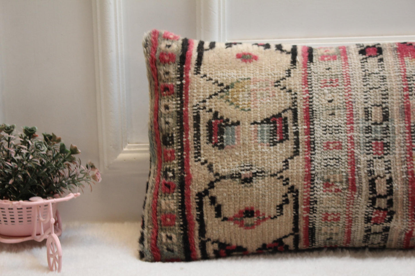Vintage Turkish Rug Lumbar Pillow: Red Boho Cushion (12x36 inch)