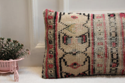 Vintage Turkish Rug Lumbar Pillow: Red Boho Cushion (12x36 inch)