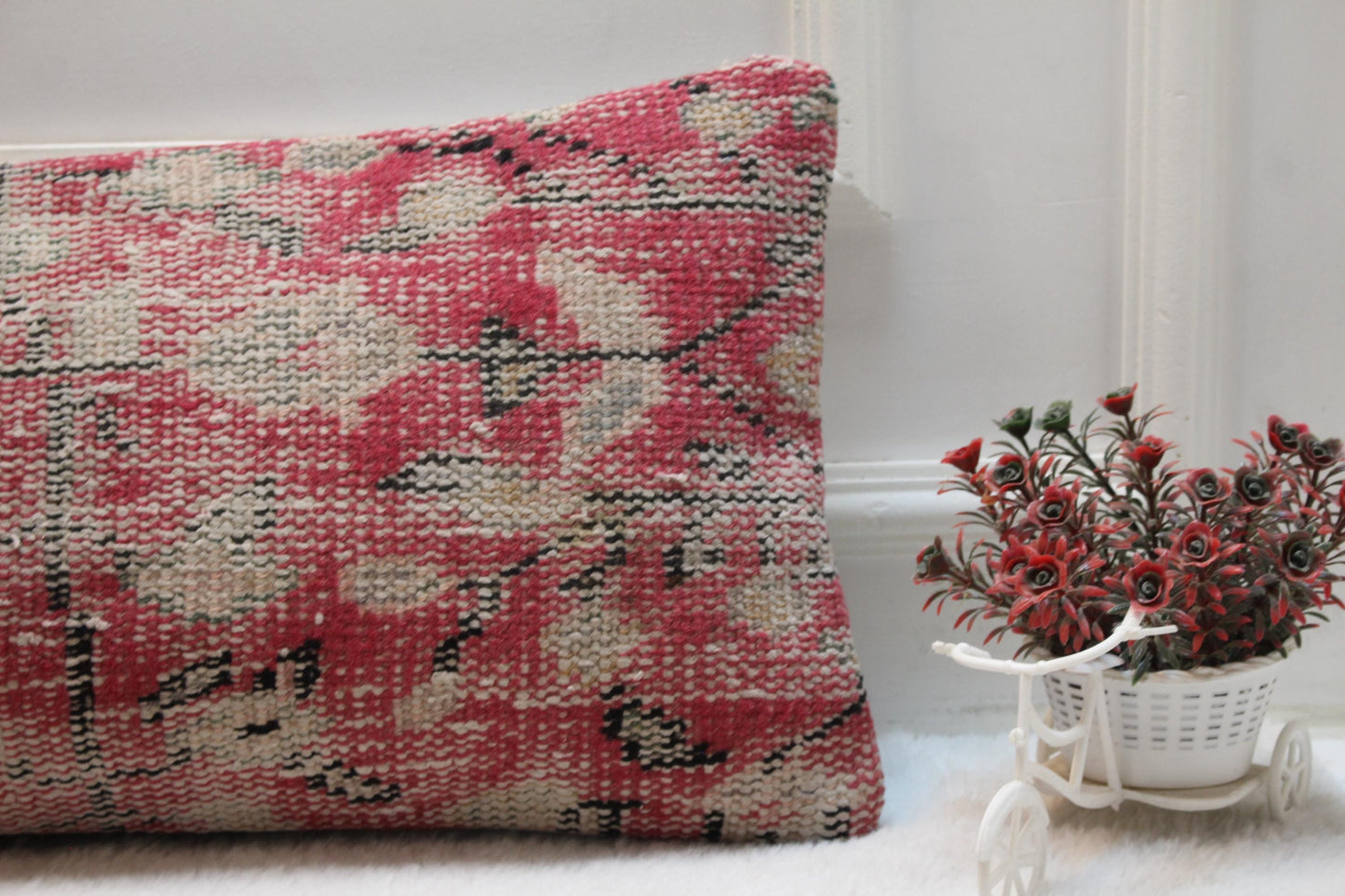 Vintage Turkish Rug Lumbar Pillow: Red Boho Cushion (12x36 inch)