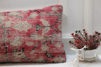 Vintage Turkish Rug Lumbar Pillow: Red Boho Cushion (12x36 inch)