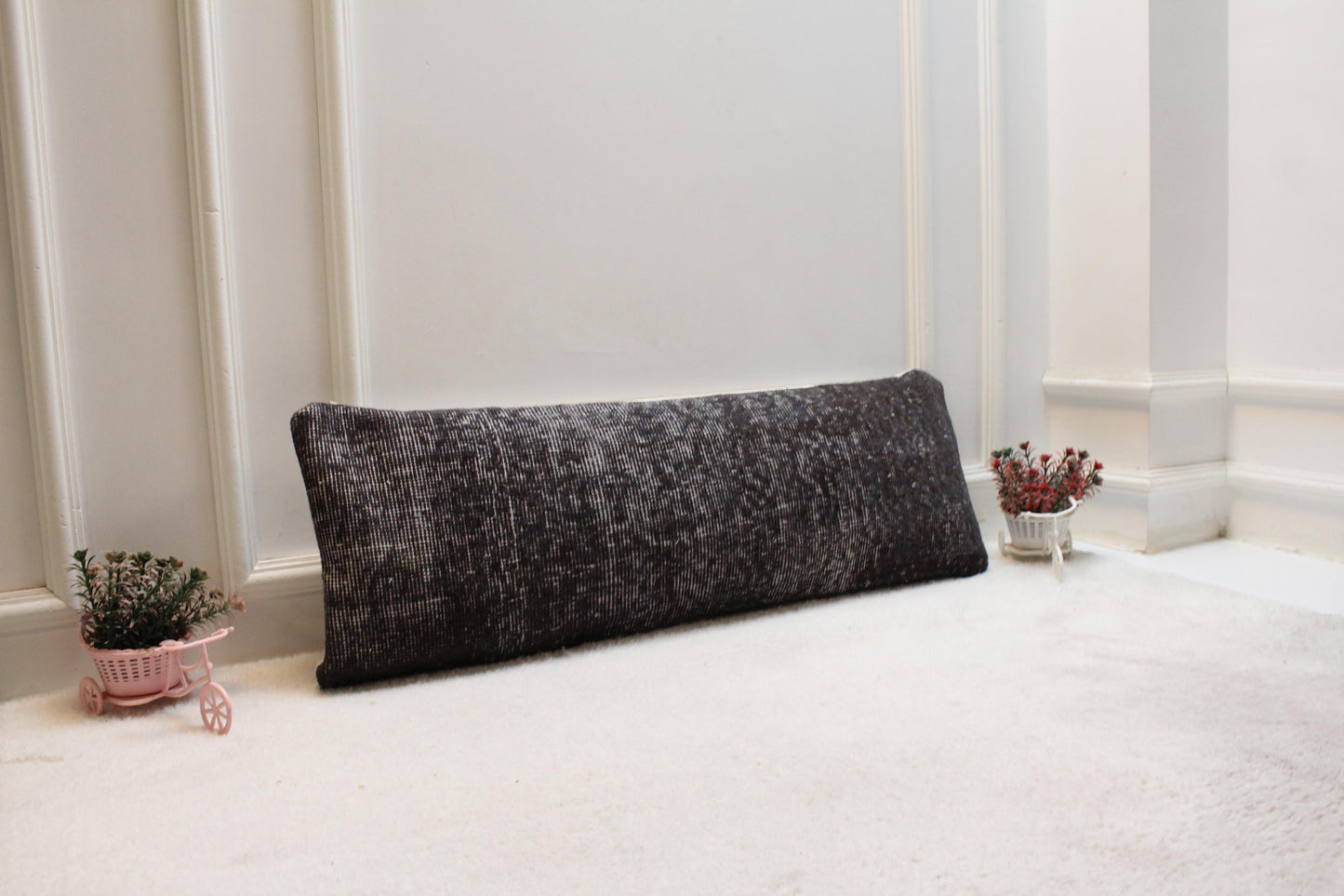 Vintage Turkish Rug Lumbar Pillow: Dark Textured Boho Cushion (12x36 inch)