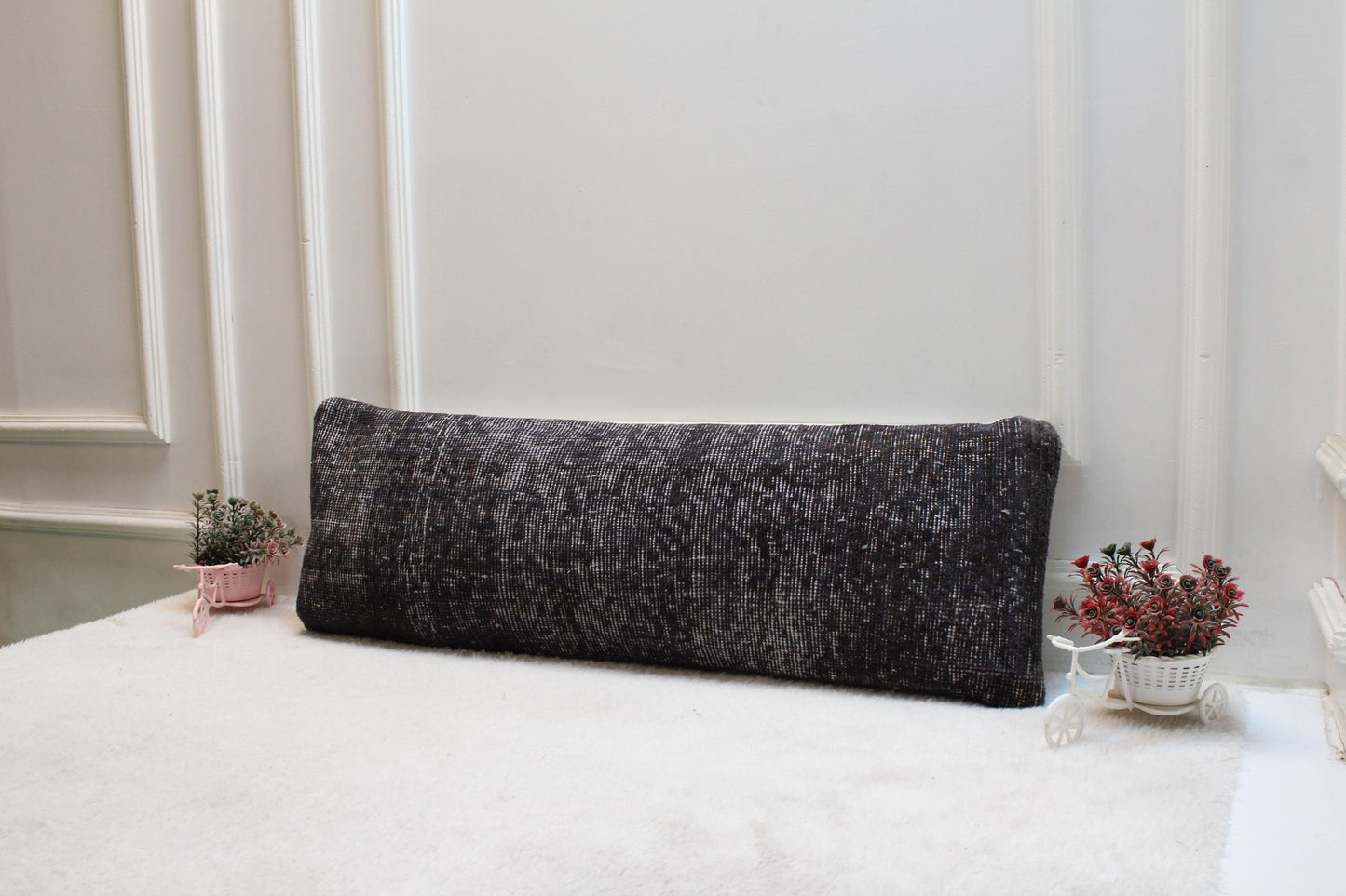 Vintage Turkish Rug Lumbar Pillow: Dark Textured Boho Cushion (12x36 inch)