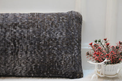 Vintage Turkish Rug Lumbar Pillow: Dark Textured Boho Cushion (12x36 inch)