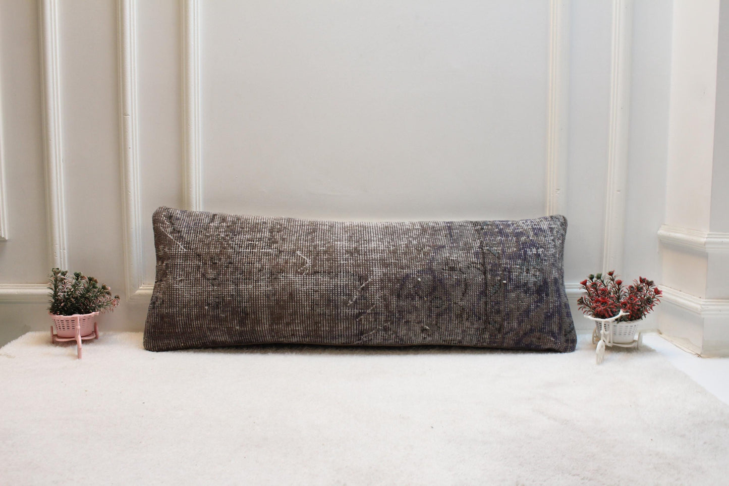 Vintage Turkish Rug Print Lumbar Pillow Cover: Brown Gray Boho Cushion (12x36)