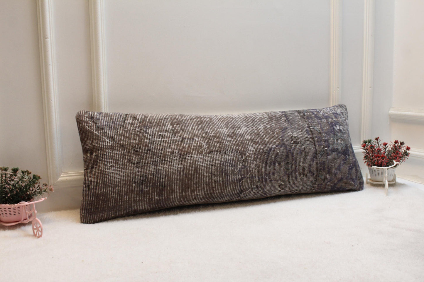 Vintage Turkish Rug Print Lumbar Pillow Cover: Brown Gray Boho Cushion (12x36)