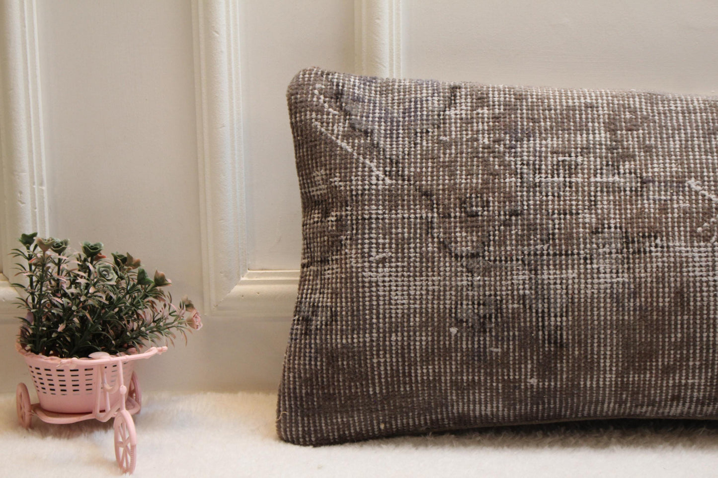 Vintage Turkish Rug Print Lumbar Pillow Cover: Brown Gray Boho Cushion (12x36)