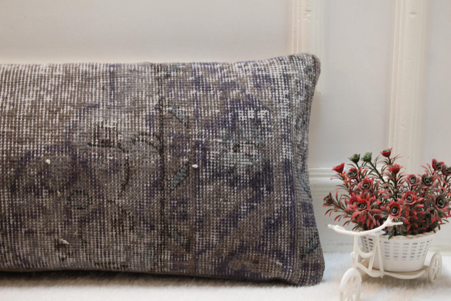 Vintage Turkish Rug Print Lumbar Pillow Cover: Brown Gray Boho Cushion (12x36)