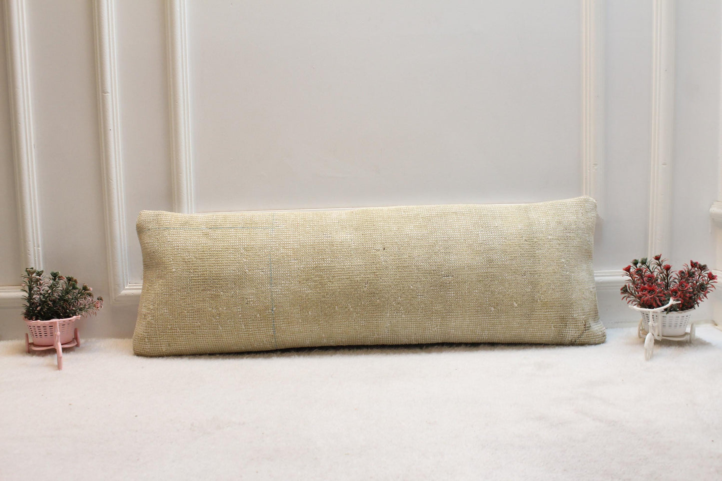 Beige Lumbar Pillow: Vintage Turkish Kilim Style, Boho Cushion (12x36)
