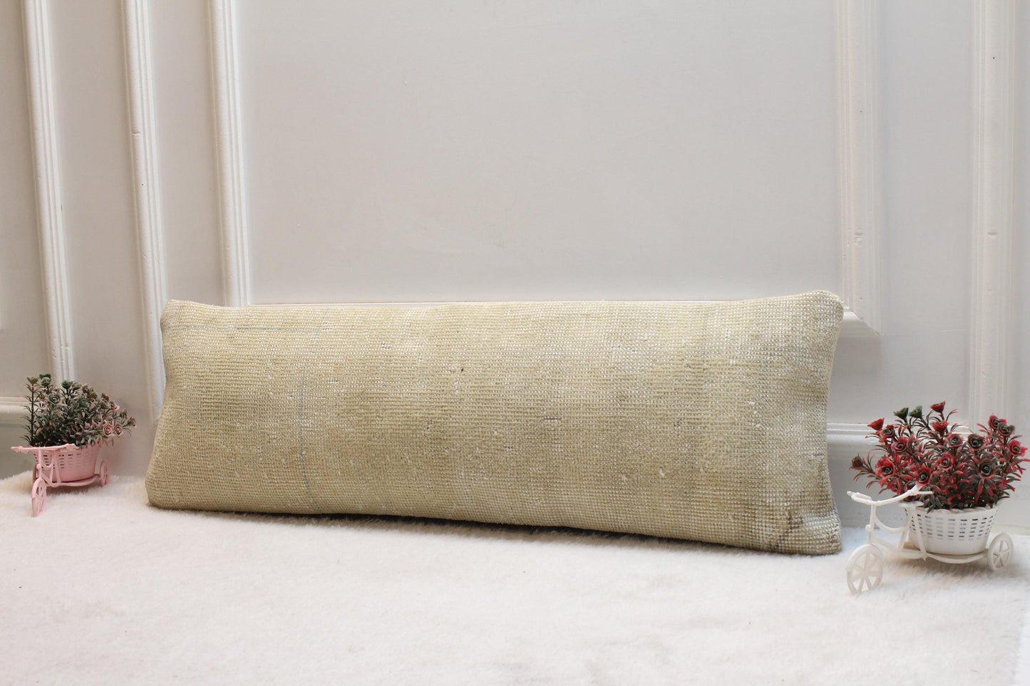 Beige Lumbar Pillow: Vintage Turkish Kilim Style, Boho Cushion (12x36)