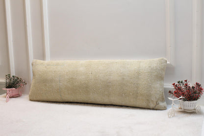 Beige Lumbar Pillow: Vintage Turkish Kilim Style, Boho Cushion (12x36)