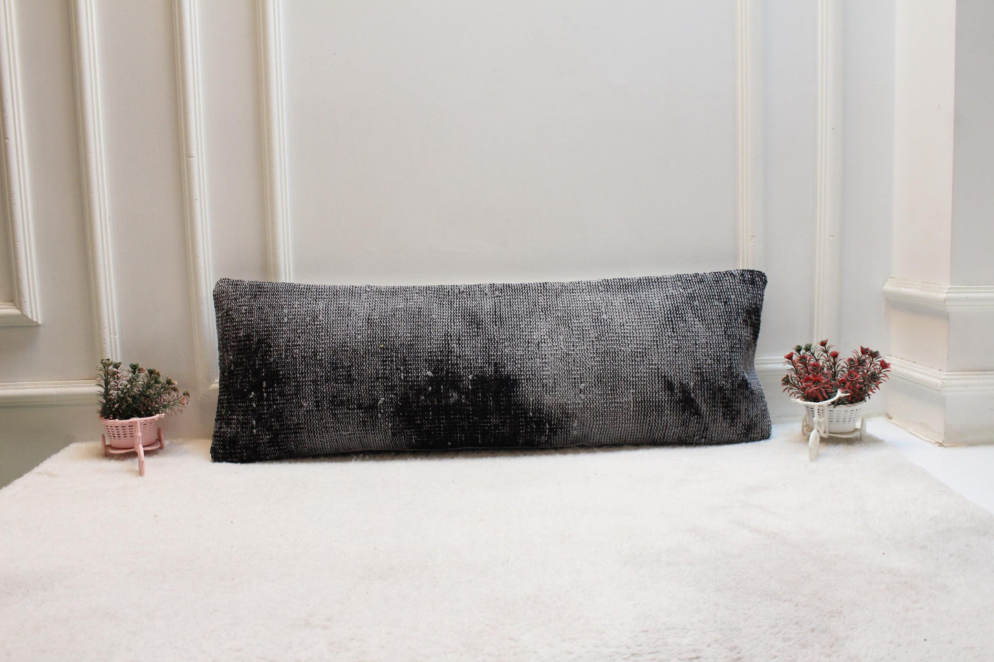 Charcoal Gray Lumbar Pillow Cover: Vintage Turkish Rug Print, 12x36 Boho Cushion