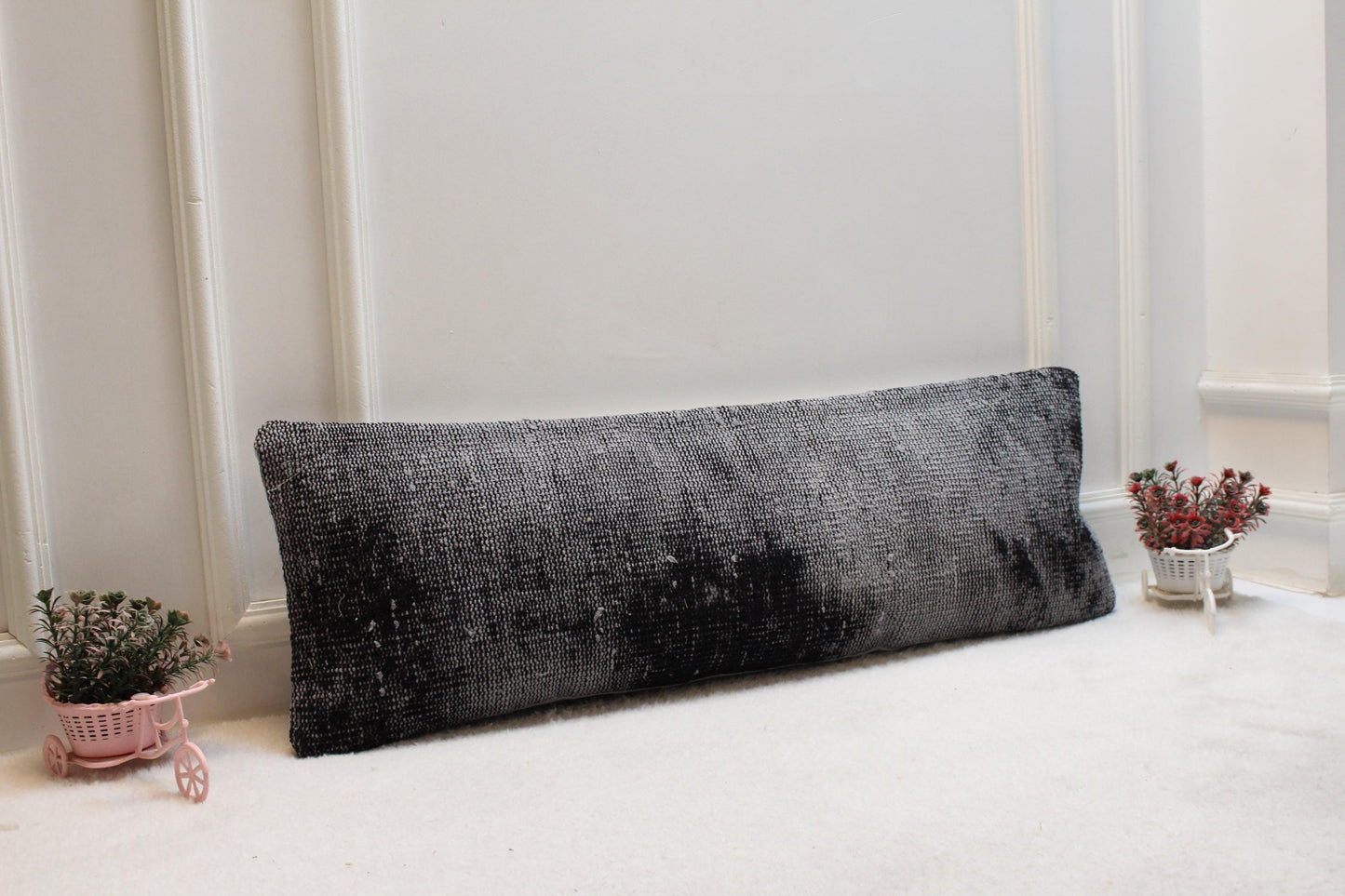 Charcoal Gray Lumbar Pillow Cover: Vintage Turkish Rug Print, 12x36 Boho Cushion