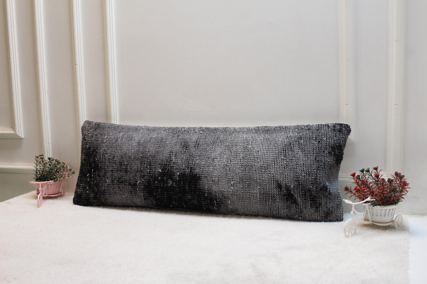 Charcoal Gray Lumbar Pillow Cover: Vintage Turkish Rug Print, 12x36 Boho Cushion