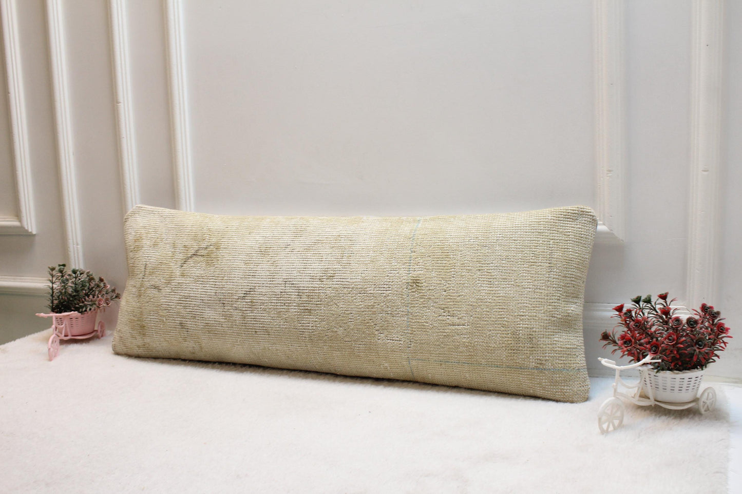 Beige Turkish Rug Lumbar Pillow Cover: Boho Decor (12x36)