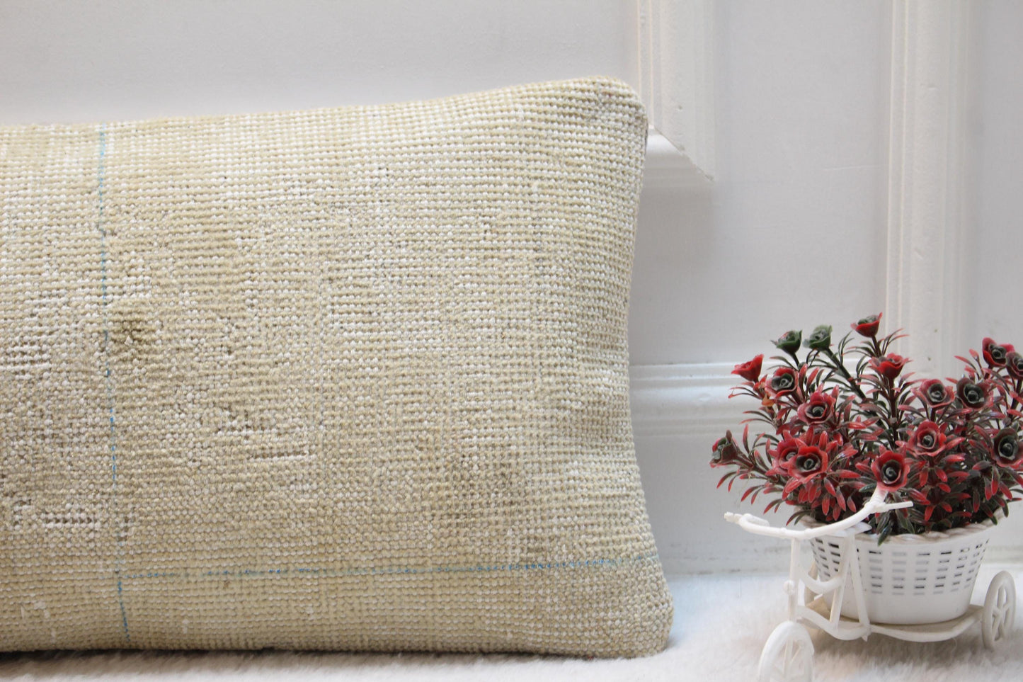 Beige Turkish Rug Lumbar Pillow Cover: Boho Decor (12x36)