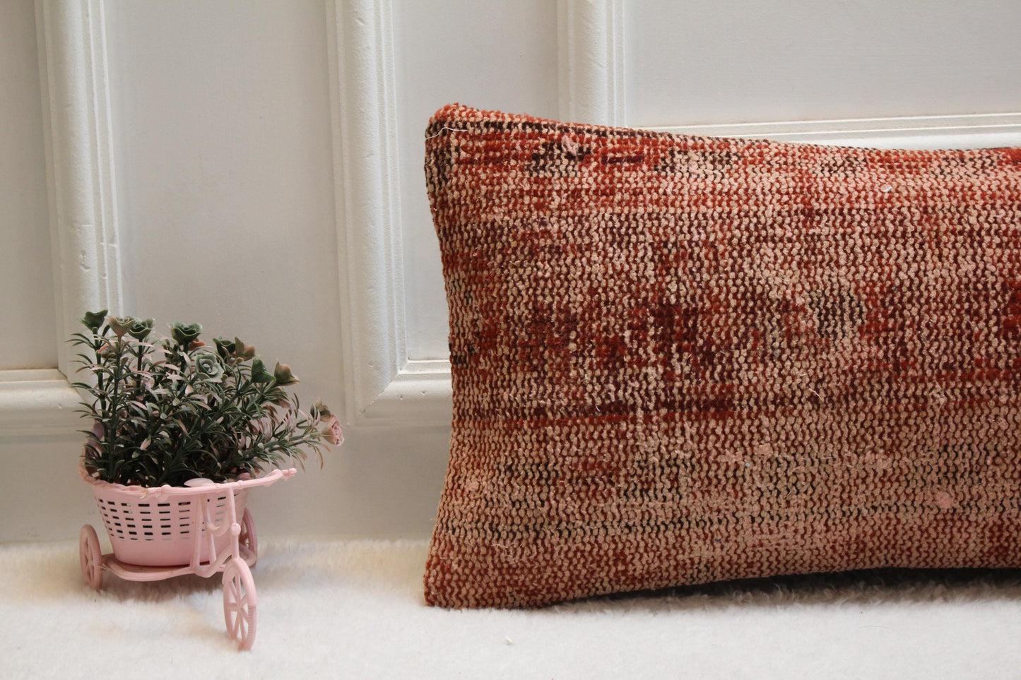 Vintage Turkish Rug Lumbar Pillow Cover: Rust Red Boho Print (12x36)