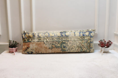 Vintage Turkish Rug Lumbar Pillow Cover: 12x24 Beige Blue Boho Cushion