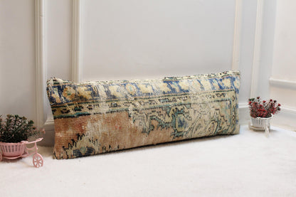 Vintage Turkish Rug Lumbar Pillow Cover: 12x24 Beige Blue Boho Cushion