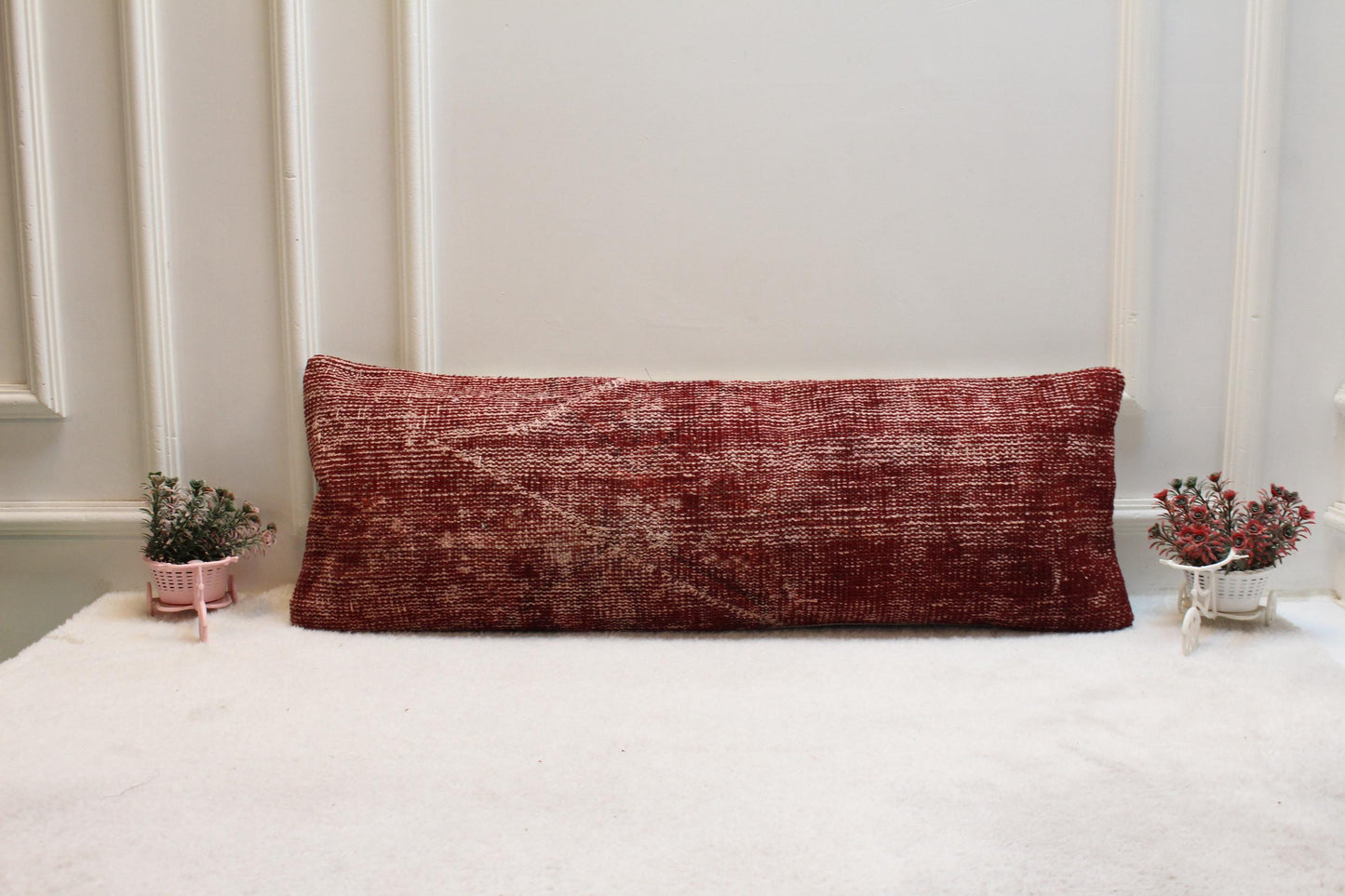 Red Turkish Kilim Pillow: Vintage Handwoven Wool Lumbar Cushion (12x36)