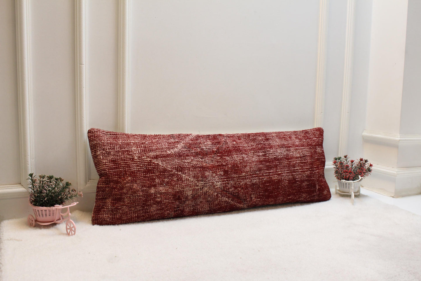 Red Turkish Kilim Pillow: Vintage Handwoven Wool Lumbar Cushion (12x36)