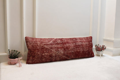 Red Turkish Kilim Pillow: Vintage Handwoven Wool Lumbar Cushion (12x36)