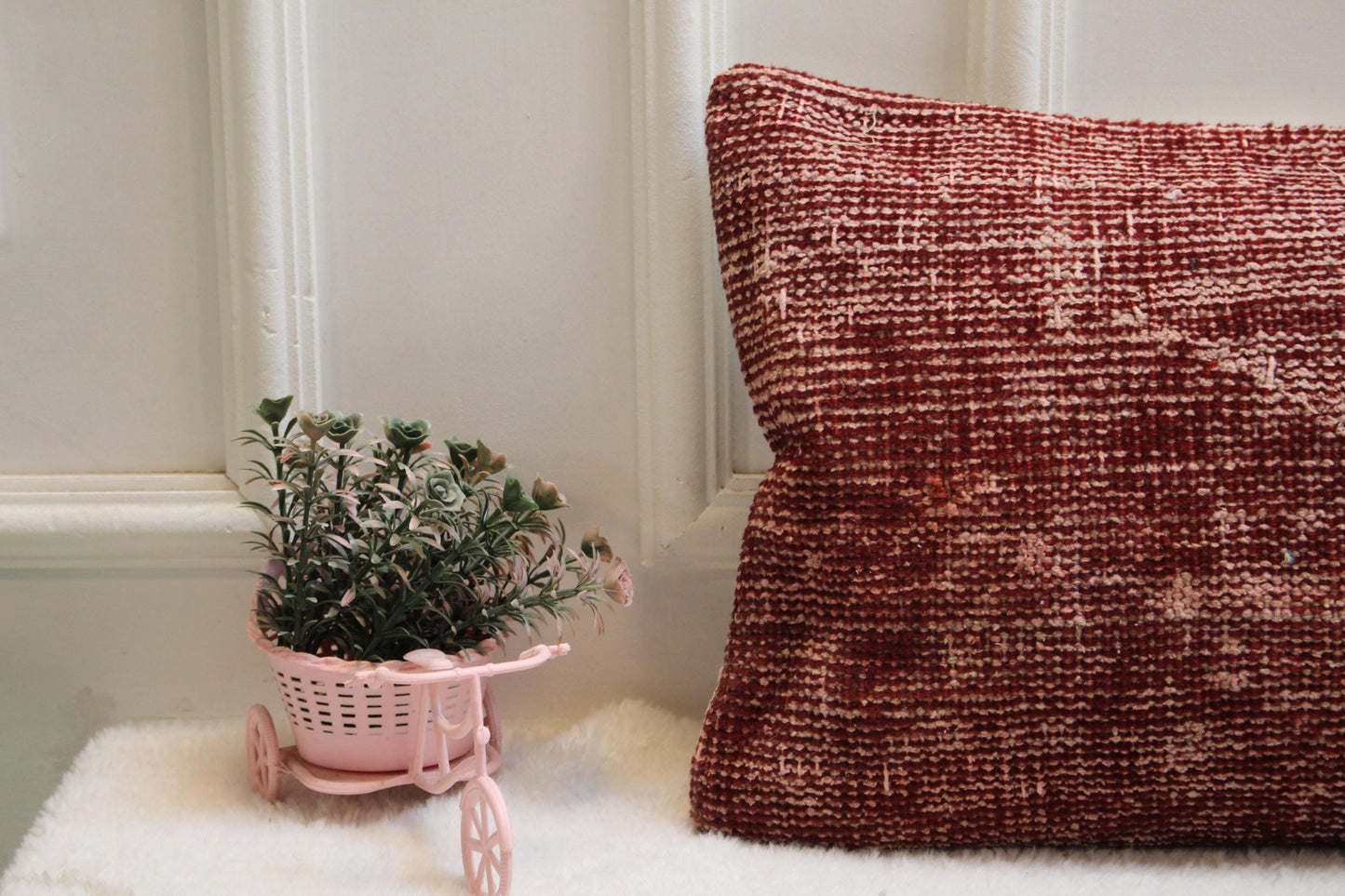 Red Turkish Kilim Pillow: Vintage Handwoven Wool Lumbar Cushion (12x36)