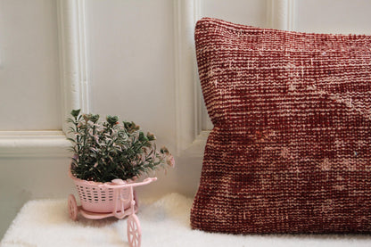 Red Turkish Kilim Pillow: Vintage Handwoven Wool Lumbar Cushion (12x36)