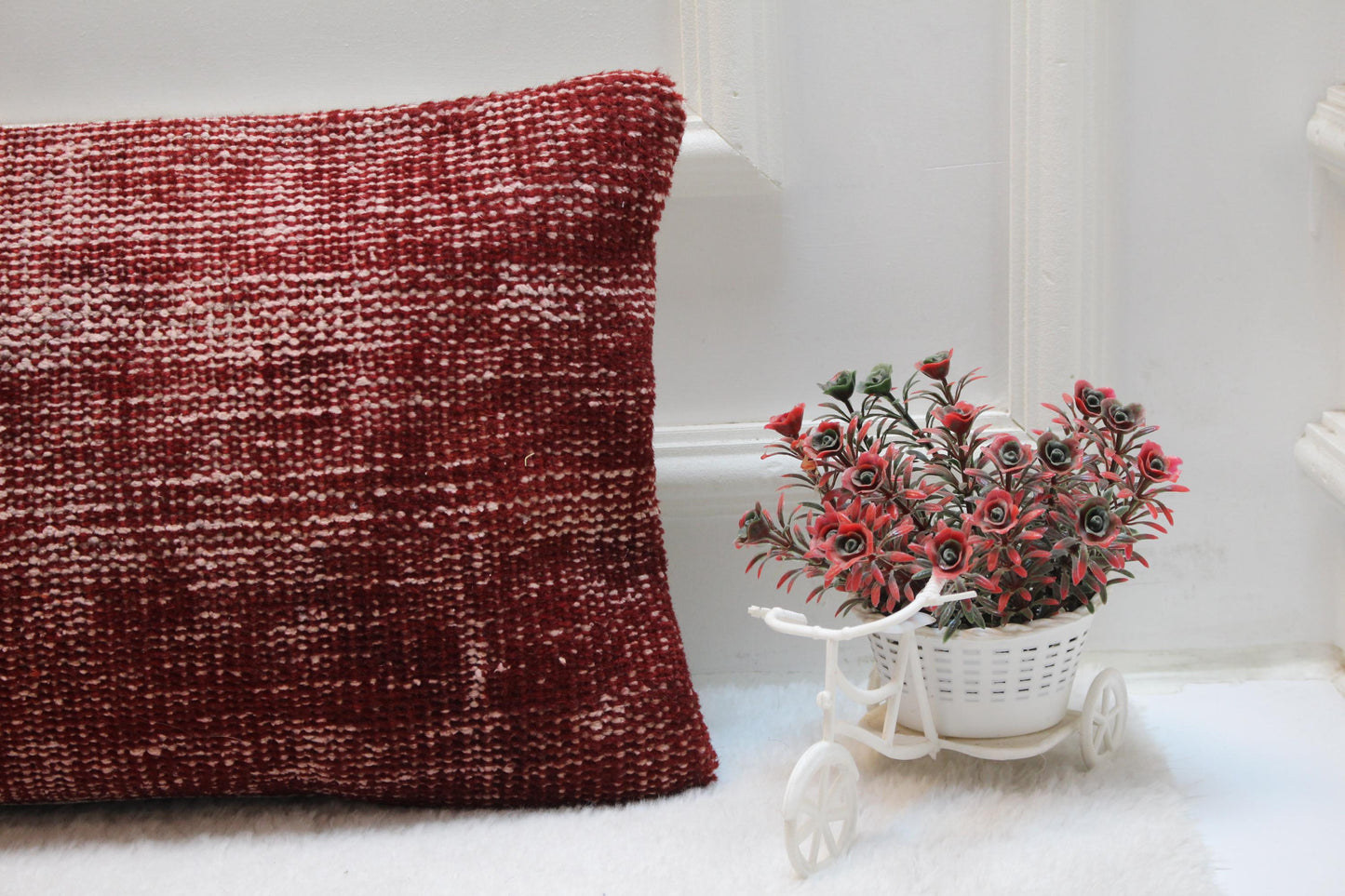 Red Turkish Kilim Pillow: Vintage Handwoven Wool Lumbar Cushion (12x36)