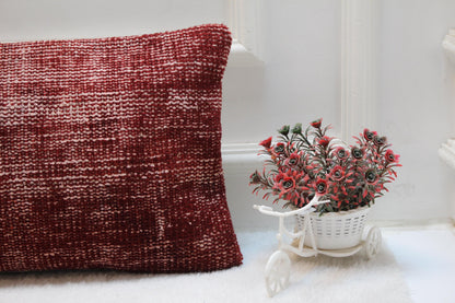 Red Turkish Kilim Pillow: Vintage Handwoven Wool Lumbar Cushion (12x36)