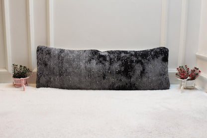 Handmade Gray Kilim Lumbar Pillow: Rustic Turkish Wool Cushion (12x36 inch)