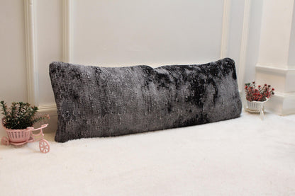 Handmade Gray Kilim Lumbar Pillow: Rustic Turkish Wool Cushion (12x36 inch)