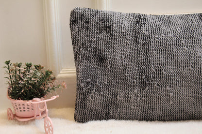 Handmade Gray Kilim Lumbar Pillow: Rustic Turkish Wool Cushion (12x36 inch)