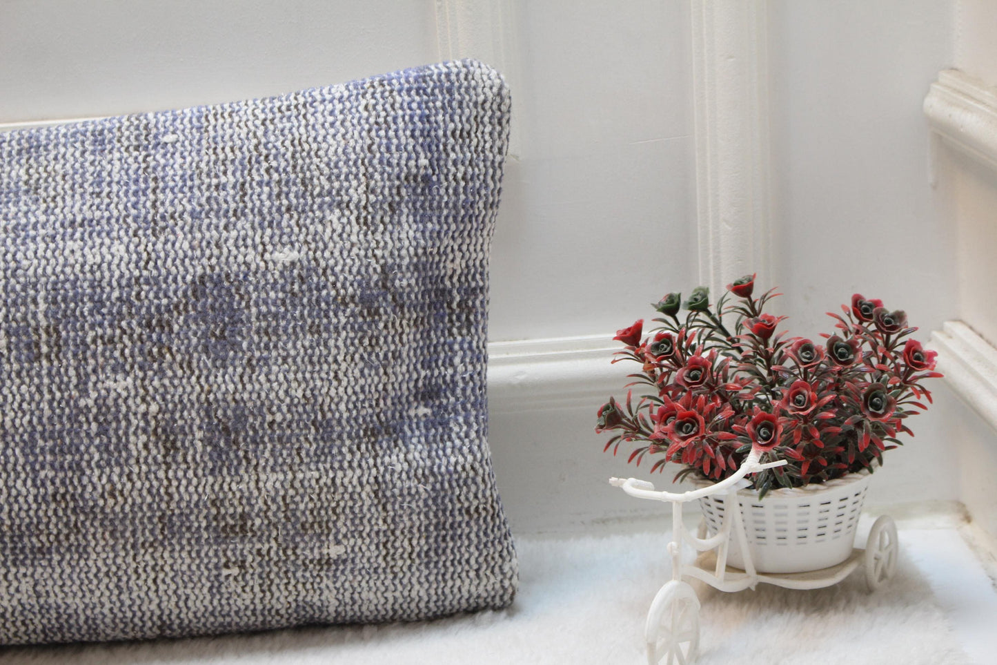 Handmade Turkish Lumbar Pillow Cover: Upcycled Wool Boho Design (12x36 in)