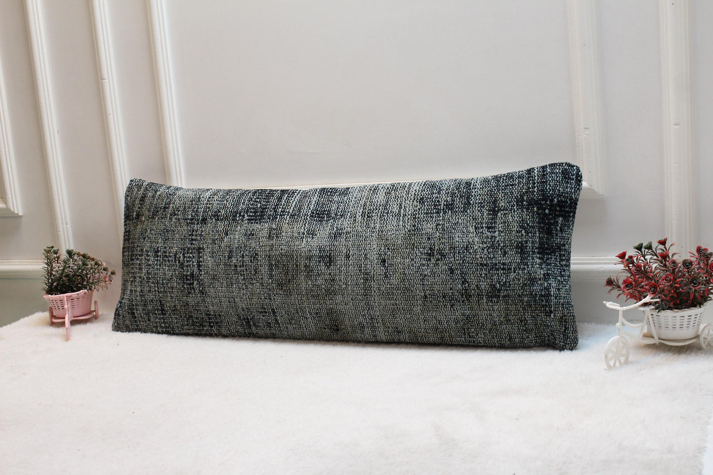 Handmade Kilim Lumbar Pillow Cover: Upcycled Turkish Rug, 12x36 inc