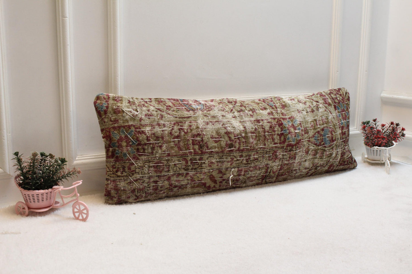 Brown Turkish Rug Lumbar Pillow Cover: Vintage Woven Wool (12x36 in)