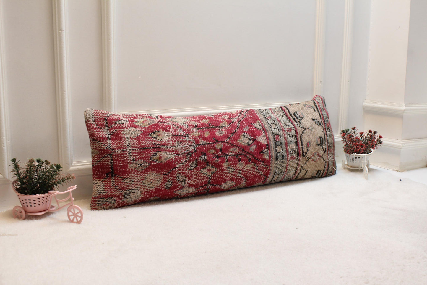 Vintage Turkish Rug Lumbar Pillow Cover: Organic Wool, 12x36 inch