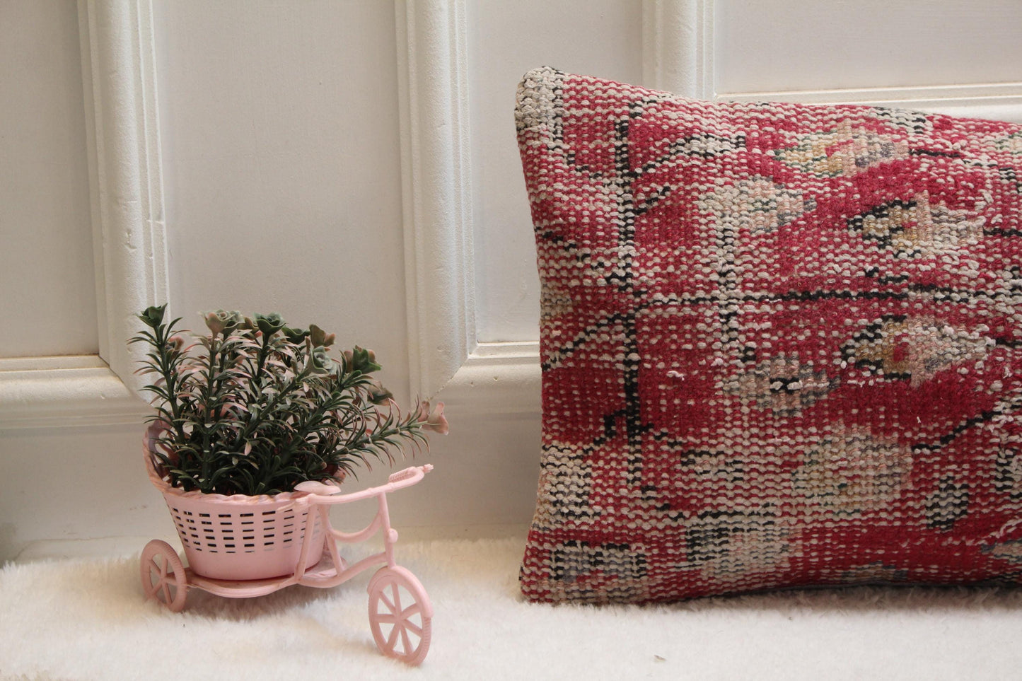 Vintage Turkish Rug Lumbar Pillow Cover: Organic Wool, 12x36 inch