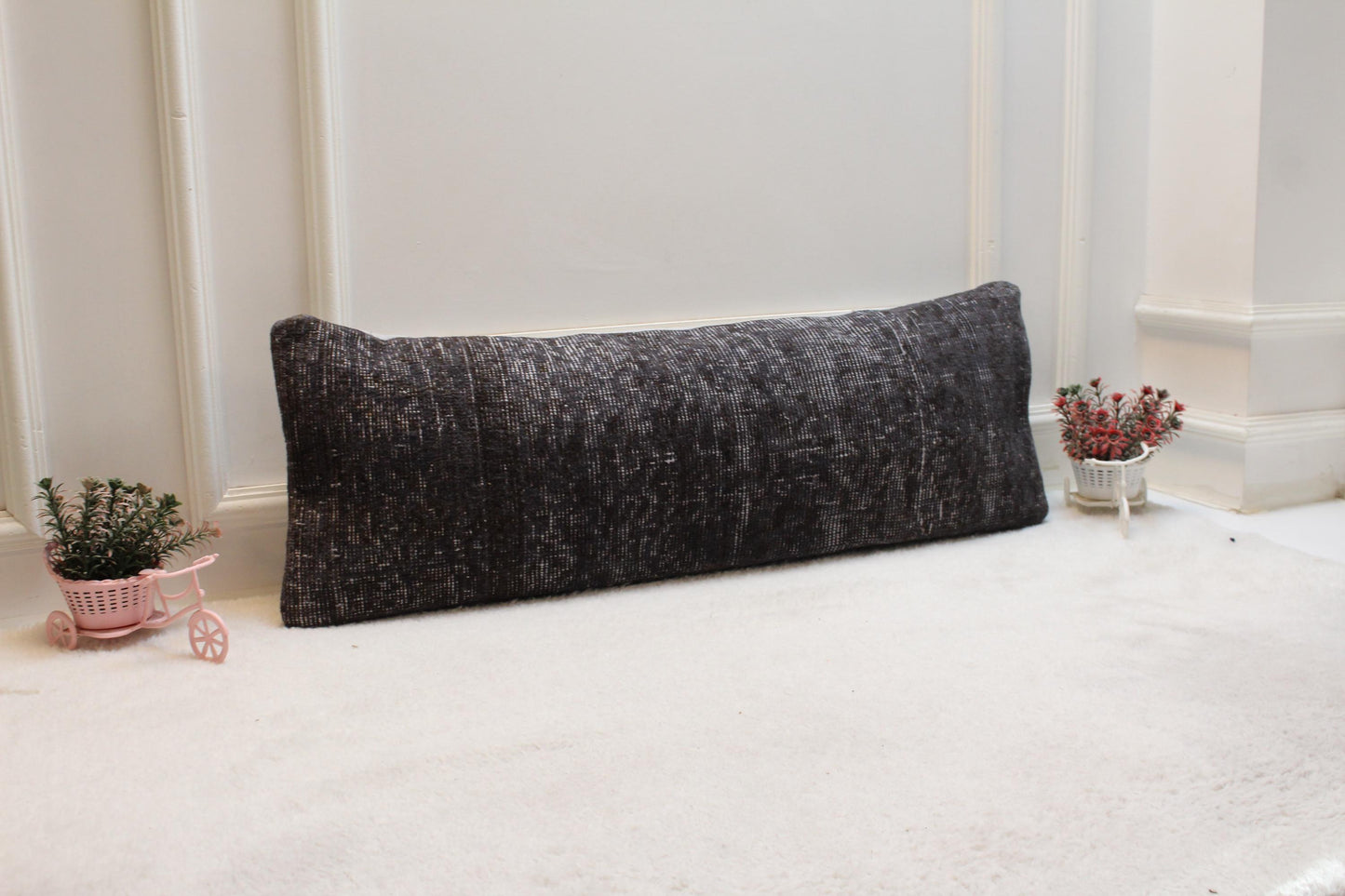 Handmade Gray Kilim Lumbar Pillow Cover: Upcycled Woven Rug (12x36 in)