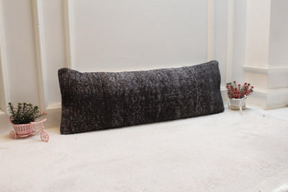 Handmade Gray Kilim Lumbar Pillow Cover: Upcycled Woven Rug (12x36 in)