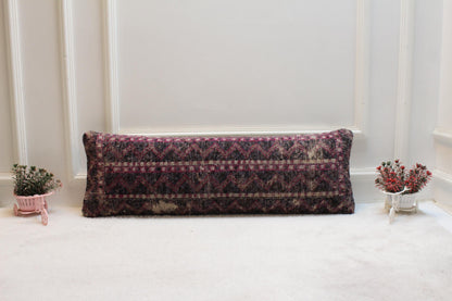 Handmade Turkish Lumbar Pillow Cover: Organic Wool, Purple Gray Rug (12x36 in)