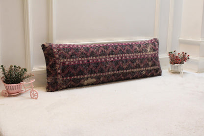 Handmade Turkish Lumbar Pillow Cover: Organic Wool, Purple Gray Rug (12x36 in)