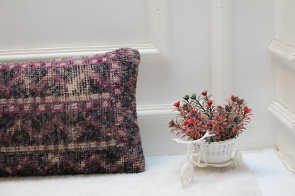Handmade Turkish Lumbar Pillow Cover: Organic Wool, Purple Gray Rug (12x36 in)