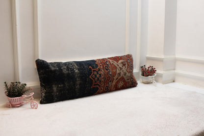 Vintage Turkish Rug Lumbar Pillow Cover: Upcycled Kilim, 12x36 inch
